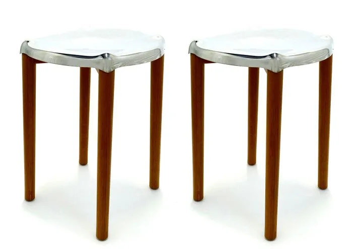 Alessi - Philippe Starck - Stool (2) - ''Poêle Low Stool'' - 18/10 stainless steel and beech wood with a transparent brown finish