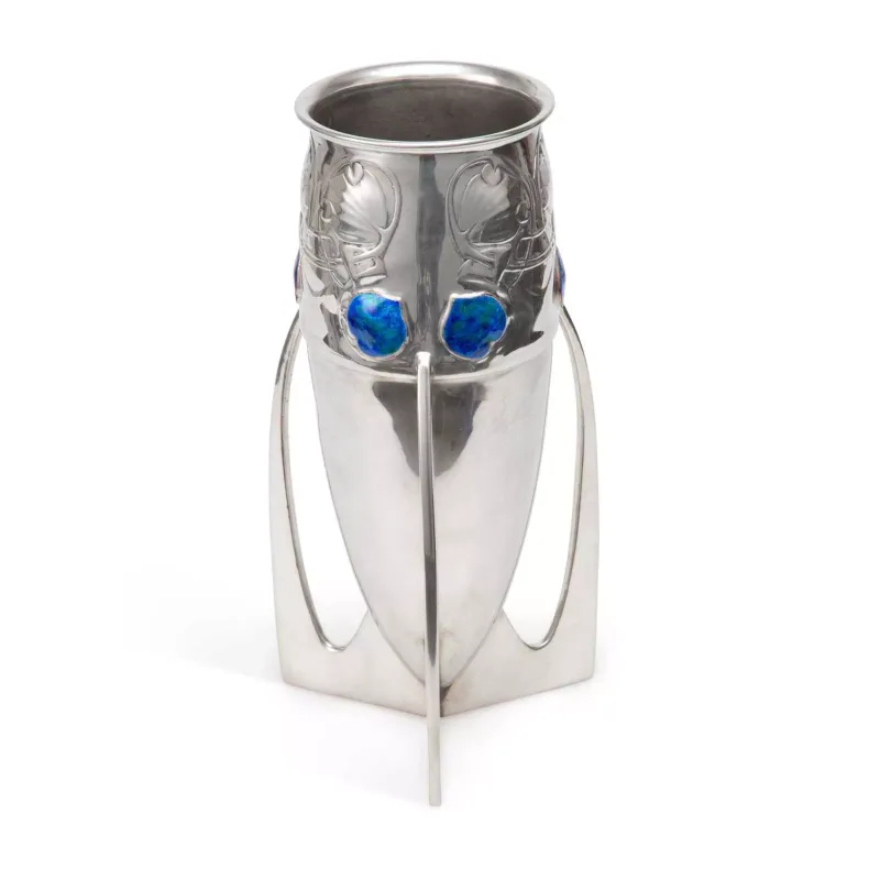 Archibald Knox (1864-1933) For Liberty & Co A Large Tudric Pewter And Enamel Vase the cone-shaped body with three buttress supports