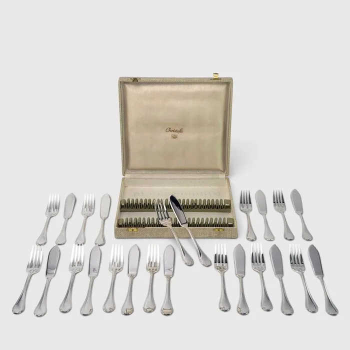 Christofle - Fish cutlery set (24) - Pompadour - Original Box - Louis XV style - Coll.Alfénide - Silverplated - 12Fishforks 12Fishknives