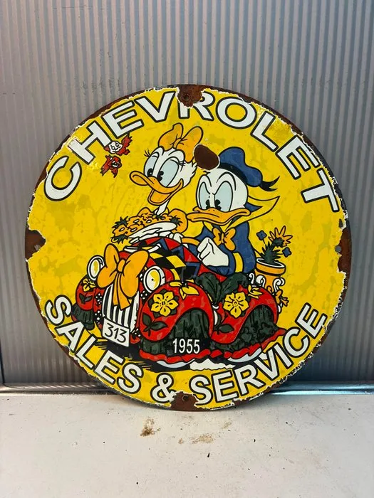 Chevrolet – Donald Duck & Daisy Duck – Sales & Service – Rond emaille reclamebord – Vintage stijl - Enamel sign - Enamel