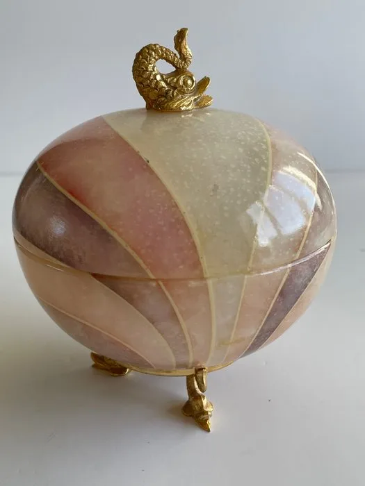 Italian Alabaster Urn Jar with Gilt Dolphin Mounts, circa 1960s–70s - Urn - Alabaster
