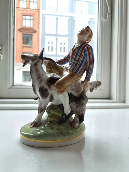 Royal Copenhagen - Figure - Rare Royal Copenhagen - Antique Overglaze Figurine 'Hans Clodhopper / Numskull Jack on Goat' (No. - Porcelain