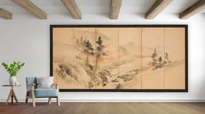 Folding screen with Nanga-style landscape - Paper, Lacquered wood, Silk - Shimizu Rokushô 清水麓松 (1863–1919) - Japan - Late Meiji period, around 1900