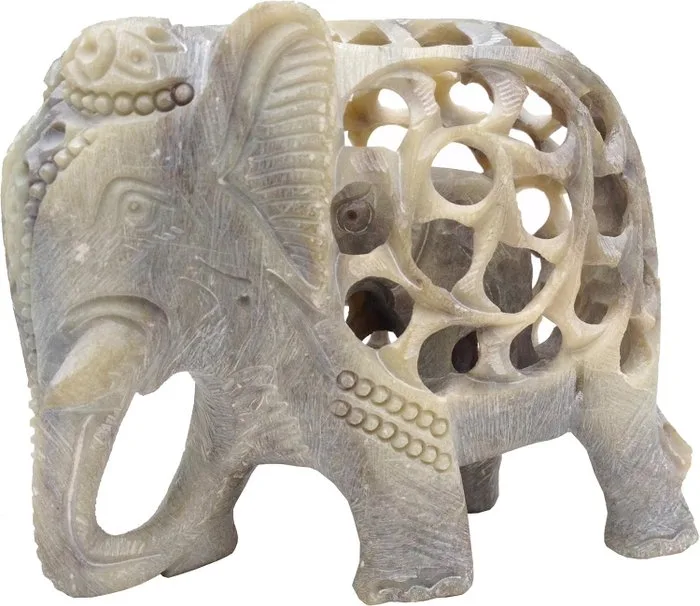 Sculpture, Hand Carved Soapstone Elephant Sculpture – Mother & Calf Openwork Figurine - 10.7 cm - Stone, Soapstone