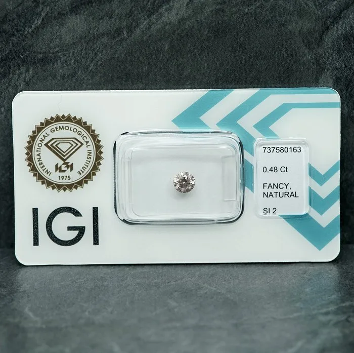 1 pcs Diamond (Natural coloured) - 0.48 ct - Round - Fancy light Greyish Yellow - SI2 - International Gemological Institute (IGI)