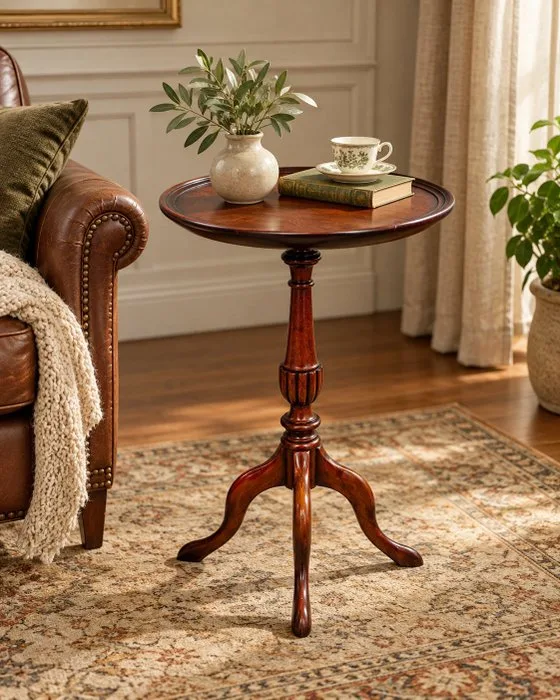 Elegante ronde bijzettafel – warm hout – gedraaide zuil en sierlijke driepoot - Side table - Wood - Classic wooden table
