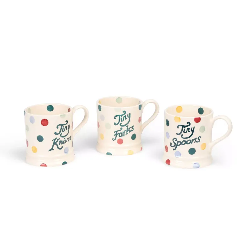 Three Emma Bridgewater 'Polka Dot' One Pint Mugs each sponge-decorated with coloured spots and
