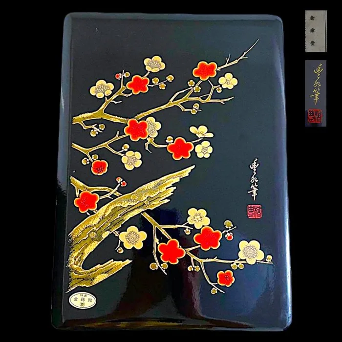 Japanese Aizu Lacquerware (会津塗) Fubako (文箱) with Red Plum Blossom Gold Maki-e – Signed Toyohashi - Box - Lacquerware, Gold Powder - Fubako