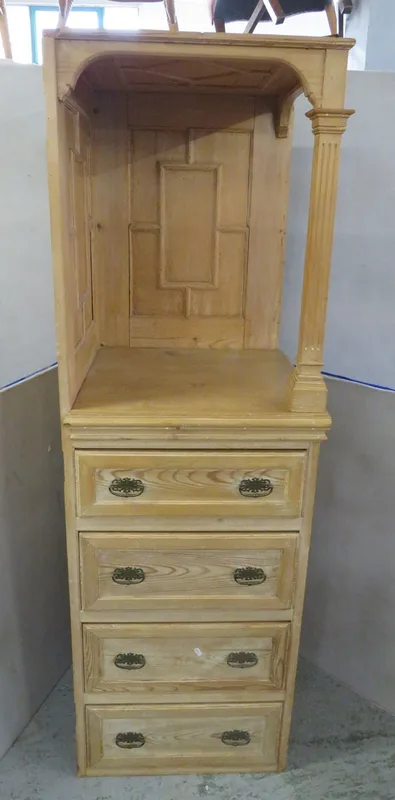 Vintage Pine Combination Unit with open top display stand, decorative carved pillar to side with 4 drawers