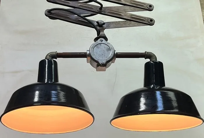 Lamp - Iron, Enamel - workshop lamp - Industrial Pendant Scissor Lamp