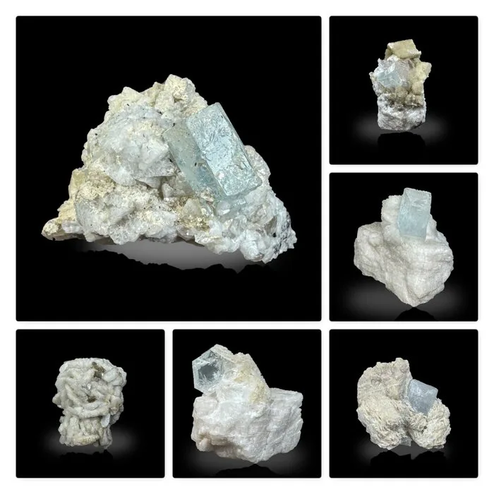 Blue Aquamarine Crystal Specimens on Matrix – Collector Mineral Batch- 445 g - (6)