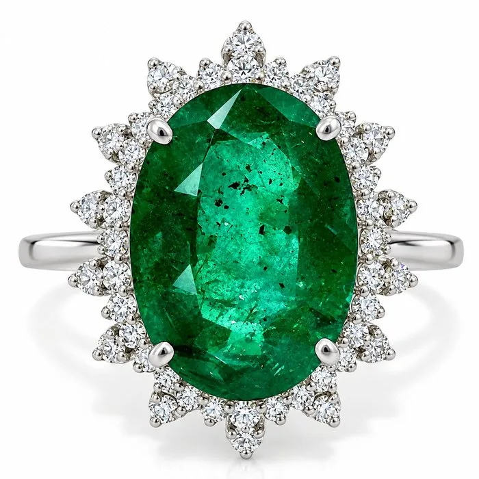 Ring Platinum - 4.96ct. tw. Emerald - Diamond - Oval cut Emerald Ring