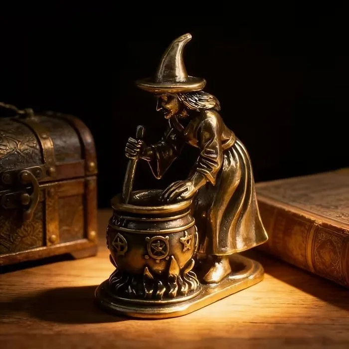 Vintage Brass Witch with Mortar & Pestle – Magical Alchemist Figurine, Antique-Style Collectible - Figurine - Witch with Cauldron - Brass