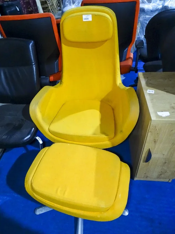 An orange upholstered egg type chair with foot stool by IKEA