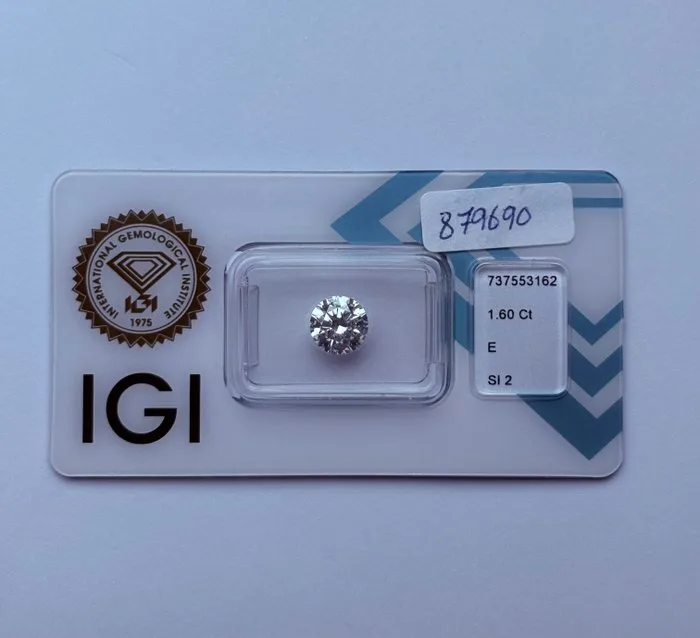 1 pcs Diamond (Natural) - 1.60 ct - Round - E - SI2 - International Gemological Institute (IGI) - Ex Ex Ex