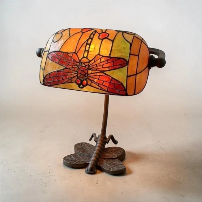 Banker table lamp - Dragonfly Tiffany style lamp - Metal, Glass