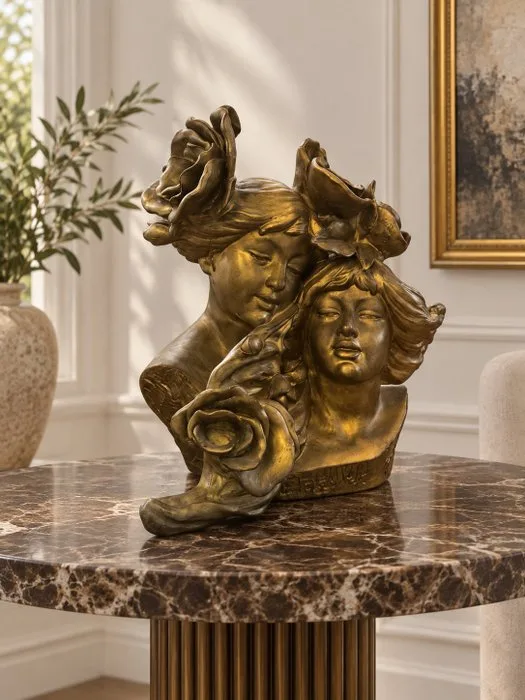 Sculpture, Art Nouveau-stijl sculptuur – Dubbele vrouwenbuste met rozen – Goudkleurige patina - 56 cm - Resin
