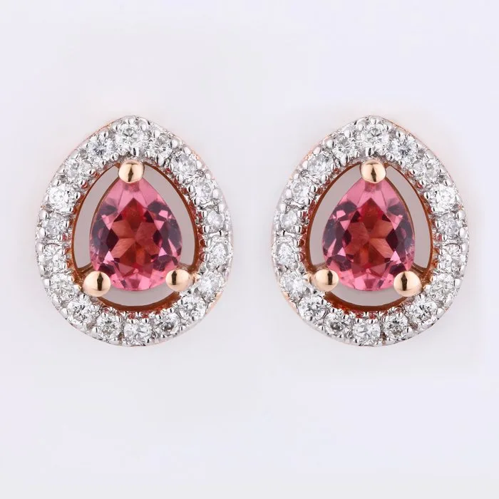 Earrings - 14 kt. Rose gold - 0.47ct. tw. Tourmaline - Diamond - Certified Gold Jewelry