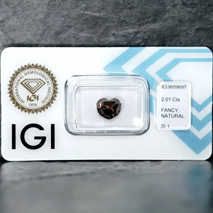 1 pcs Diamond (Natural coloured) - 2.01 ct - Heart - Fancy dark Brown - SI1 - International Gemological Institute (IGI)