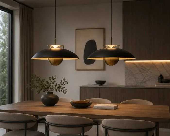 Halo Design - Tom Stepp - Hanging lamp (2) - Stepp Pendant ø 24 cm Black/Brass - Metal - 2 Items