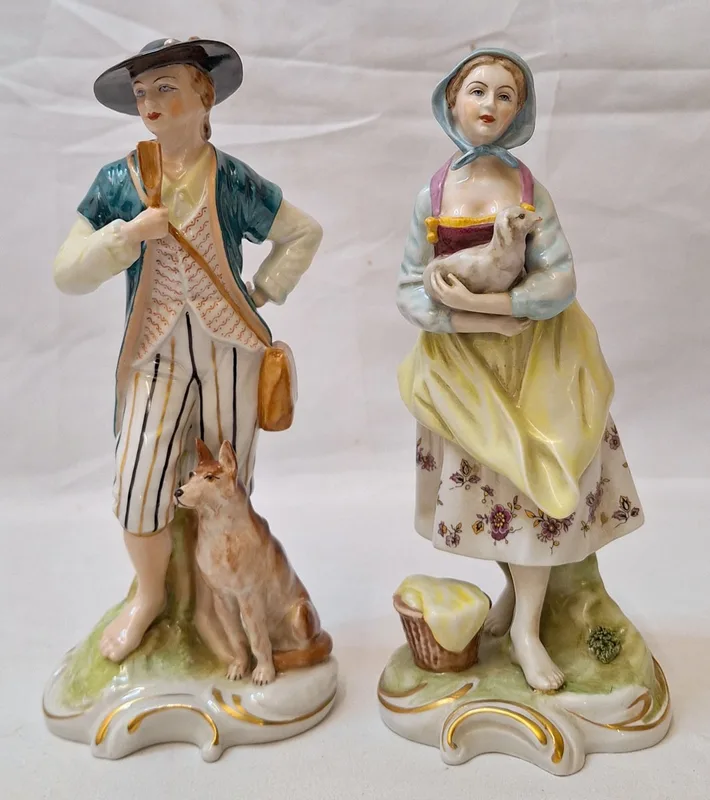 2 Dresden Figurine, woman holding a lamb & gentleman with dog at his feet, tallest approx.
