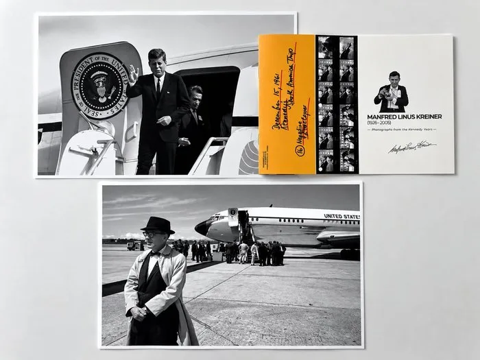 Manfred Linus Kreiner - Batch de 2 photographies — John F. Kennedy — Arrivée au Venezuela & services secrets devant Air Force