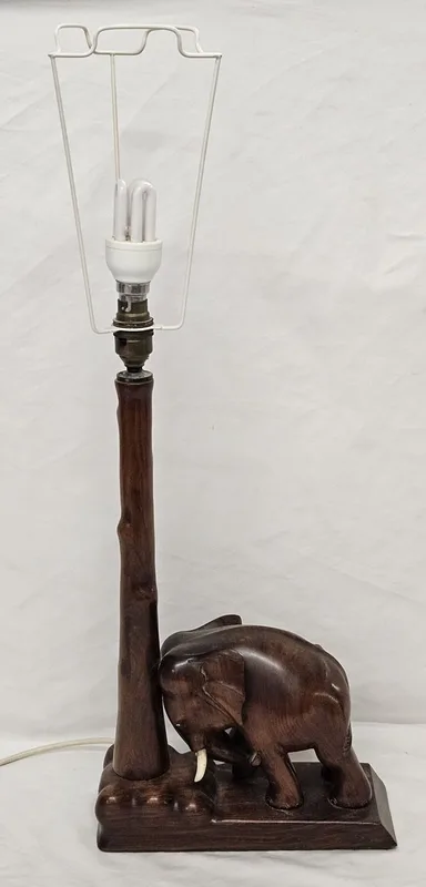 Carved Wooden Elephant Lamp approx. 66cm incl. shade holder