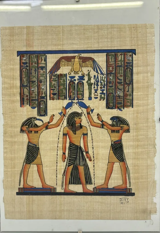 Egyptian papyrus, mounted on frameless board, depicting the Coronation of Ramses II