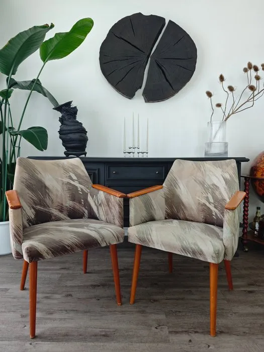 Armchair (2) - Cotton, Wood - Pair of mid-century lounge armchairs