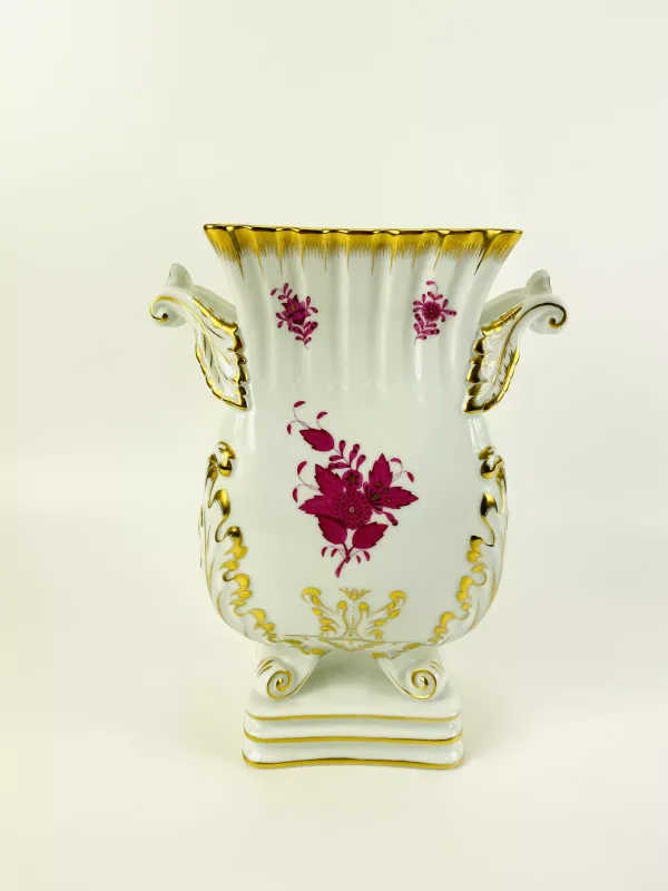 One of a pair, a good quality large twin handle 'Herend' porcelain vase, decorated in the Chinese Raspberry Bouquet pattern with gilt highlights