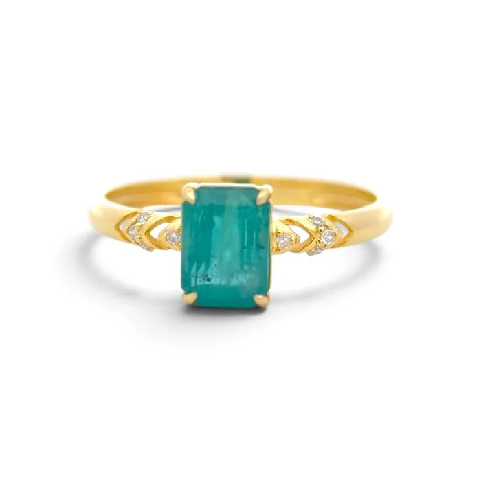 Ring - 14 kt. Yellow gold - 1.28ct. tw. Emerald - Diamond