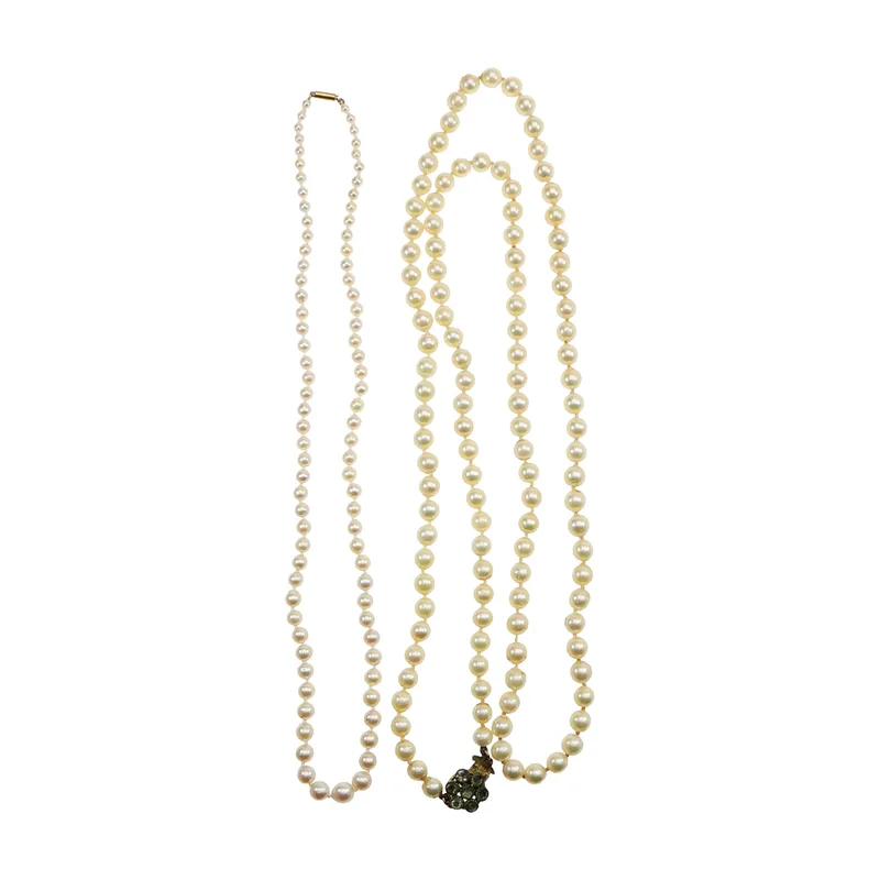 A Single Strand Cultured Pearl Necklace, Knotted with a Clasp, Marked 9CT, and Another Similar Necklace (2)