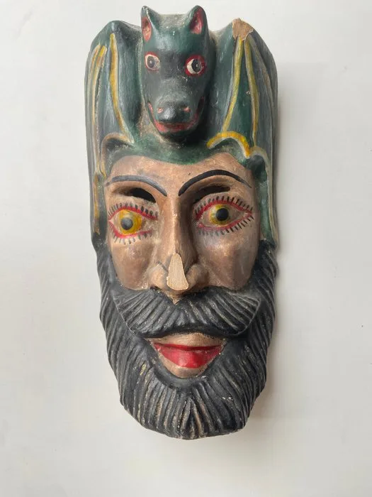 Folk art wooden mask with bat crown – hand-painted - Mexico