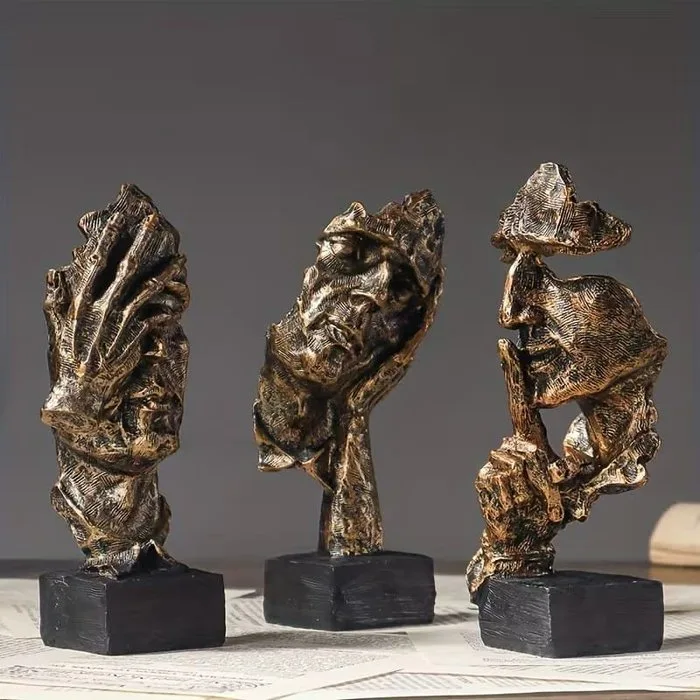 Sculpture, Abstract “Three Wise Monkeys” Face Statues – Set of 3 - 16.3 cm - Resin