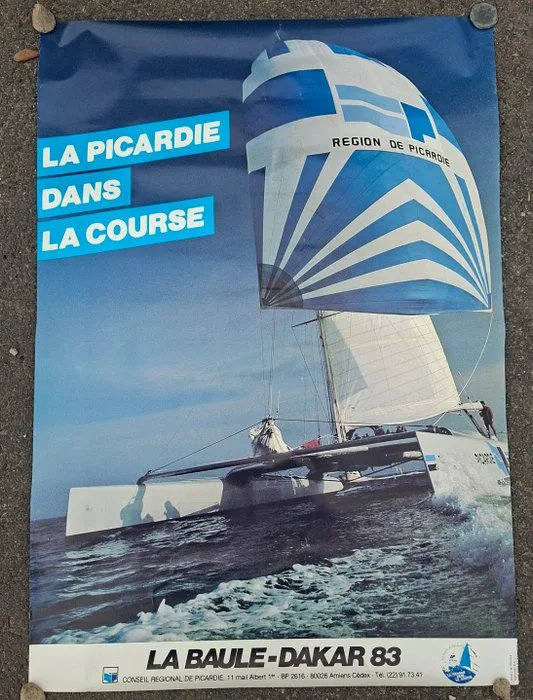 Photographe J-M Foujols - Imprimerie I.R.G., Amiens - Rara Affiche du Voilier "Région de Picardie ", La Baule - Dakar 83 - 1980s