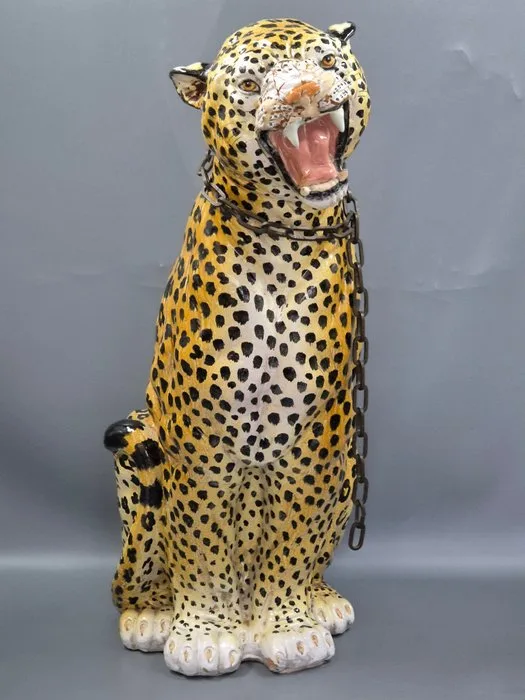 Große Gepard Keramik Skulptur mit Kette – Lebensgroße Statuette - Figure - Ceramic