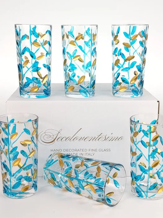 Secoloventesimo - Drinking service (6) - Leaves turq golden glass - Enamel, Crystal - Golden leaves