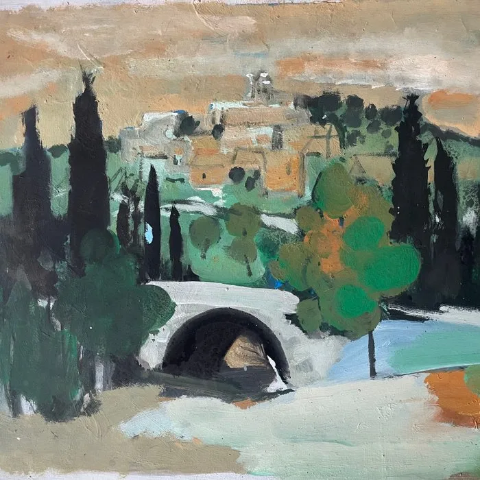 Yves Ganne (1931-2019) - Paysage provençal au pont et cyprès