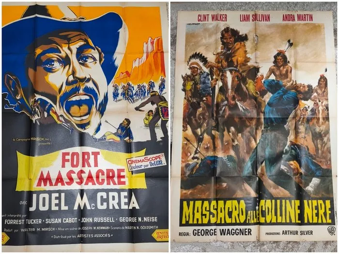 Averardo Ciriello - Set of 2 Original Vintage Western Movie Posters "Fort Massacre" (1958/1961) - French Grande &