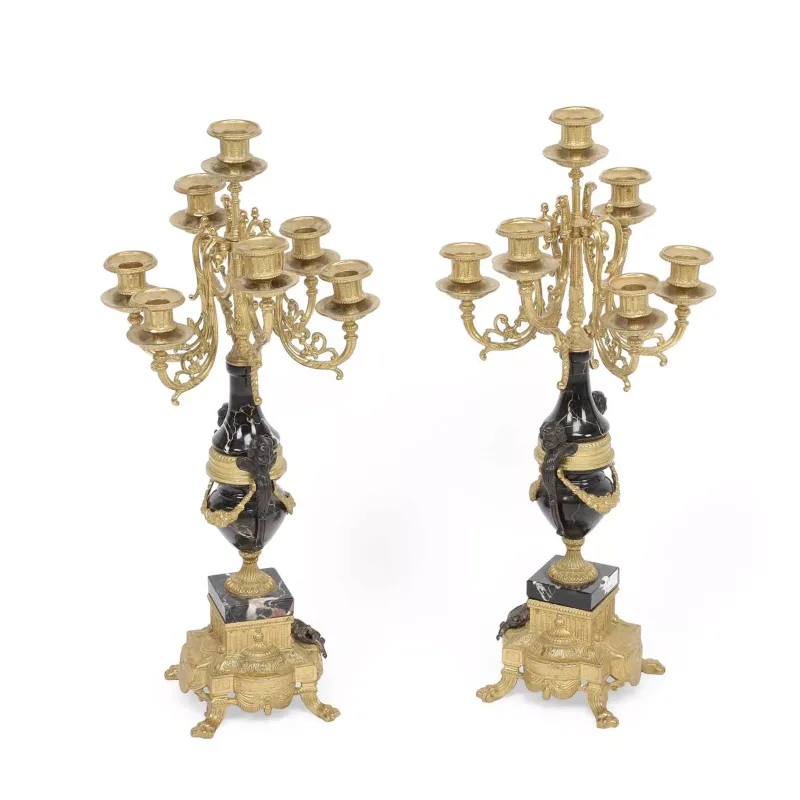 A Pair Of Gilt Metal And Marble Seven-Light Candelabra in the Louis XVI taste