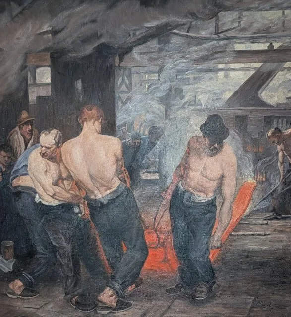 German School (XX), signed "Riegel" - Im Walzwerk, nach Arthur Kampf (1864-1950)