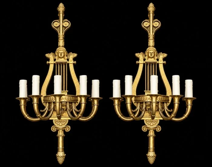 Wall lamp (2) - gilded bronze - Lyre-shaped wall lamps