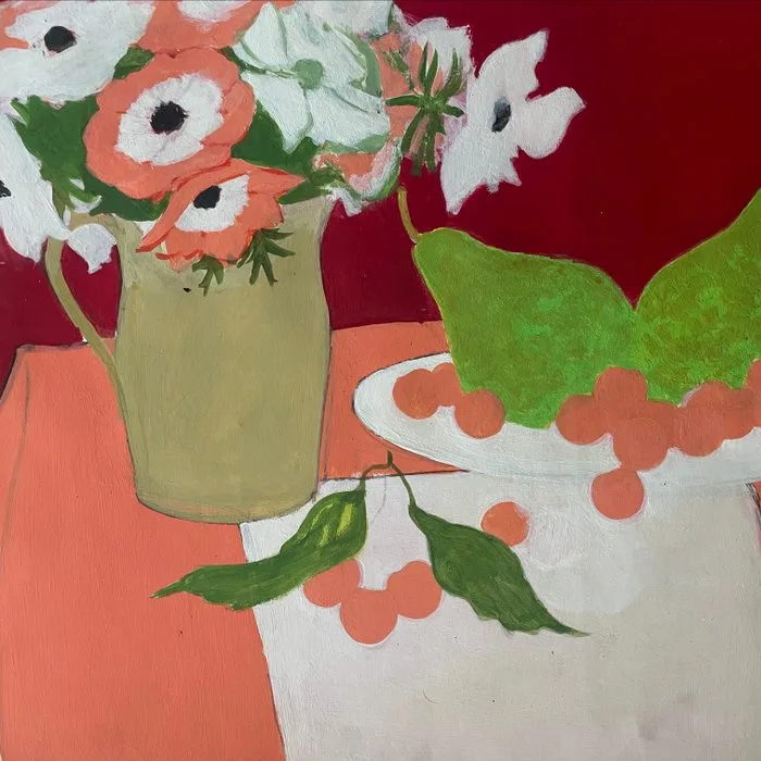 Yves Ganne (1931-2019) - Nature morte aux anémones, poires et cerises sur fond rouge (vendu