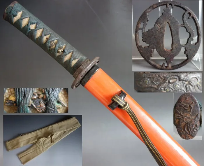 Katana - Wood - koshirae wakizashi orange saya ume fuchi kashira - Japan - Late Edo period