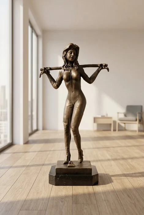 M. Nick - Figure - Weibliche Figur mit Stab - Bronze, Marble