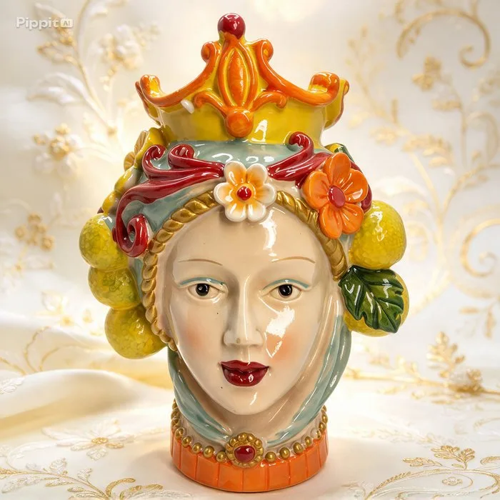 Figurine - Testa di Moro Donna in Resina con Corona e Frutta - Resin
