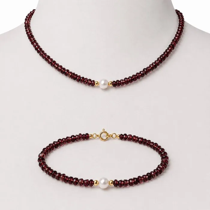 Necklace - 18 kt. Yellow gold Garnet - Pearl