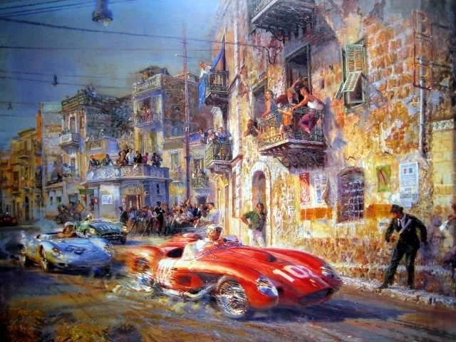 Ferrari 250 TRS/Von Trips leads the Porsche 1500 RSK/J.Behra and Moss in the Aston Martin DBR1 - "Targa Florio 1958" By Alfredo De La Maria - Ferrari