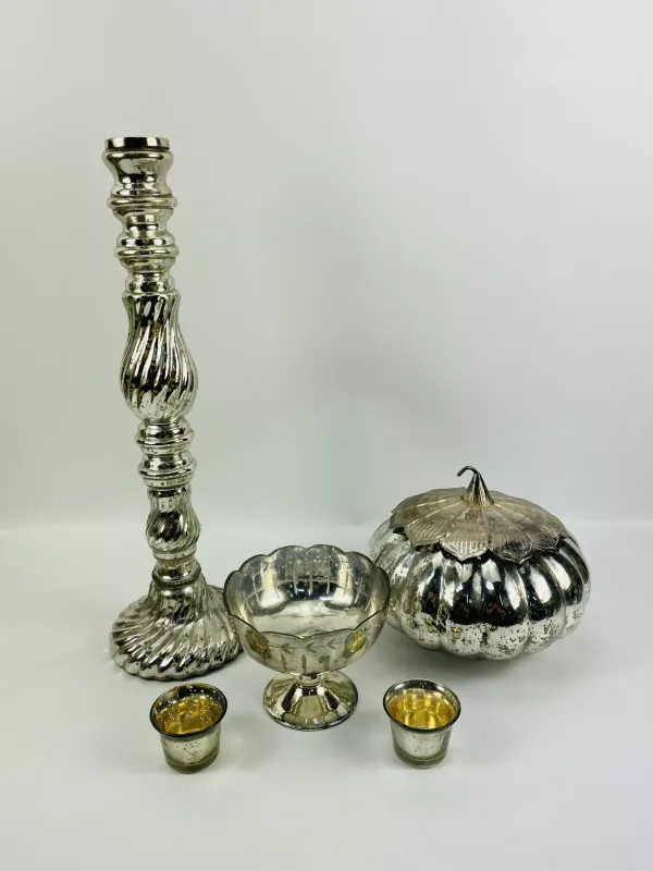 A collection of contemporary decorative mercury glass style items to include a large candlestick (15.5cms base diameter x 51cms high)