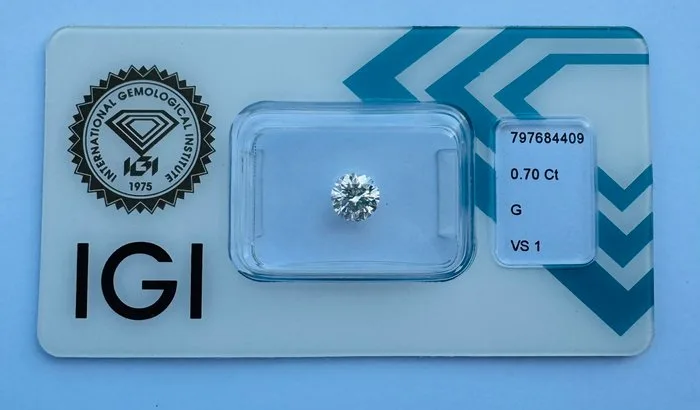 1 pcs Diamond (Natural) - 0.70 ct - Round - G - VS1 - International Gemological Institute (IGI) - *EX VG None*